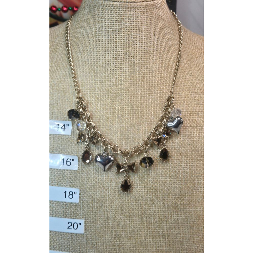 Betsey Johnson Necklace Hearts and Bows Goldtone Chain Silvertone Crystal Charm